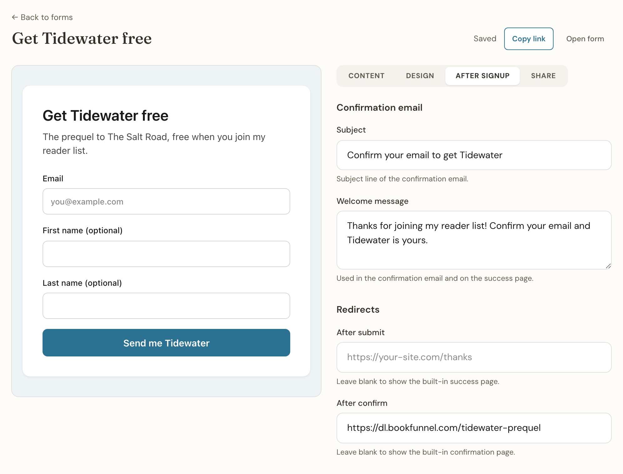 A Thunk Mail signup form called Get Tidewater free, with its After confirm field set to a BookFunnel download link