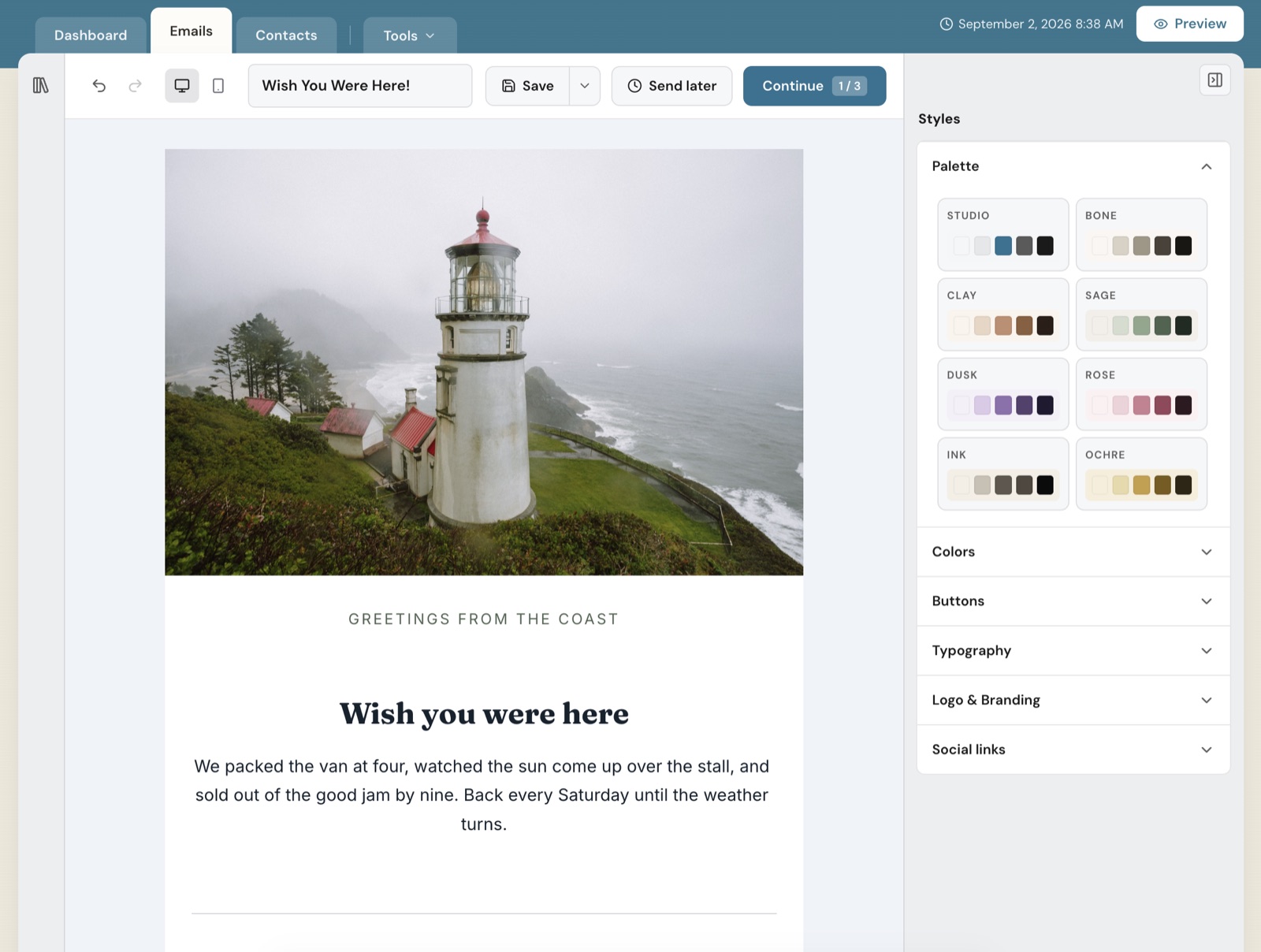 The Thunk Mail composer with a finished email: a lighthouse on a foggy coast, a headline, body copy, and the Styles panel open showing color palettes
