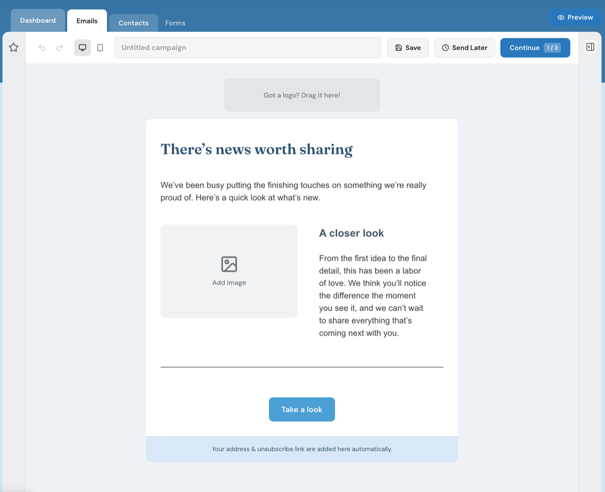 Thunk Mail composer: a draft email with headline, body copy, and image slots